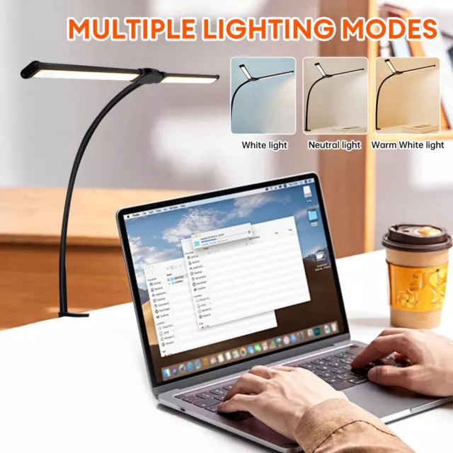 Lámpara de Escritorio LED Doble Cabeza con Clip Luz de Lectura Flexible Regulable Cuidado de Ojos 3