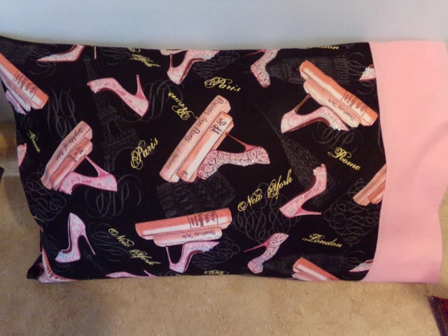 Travel-My Pillow-Toddler Size Pillowcase Pink Glitter Shoes/Pink Cuff  12" X 18"