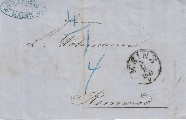 Hessen vollständiger Vorphilabrief aus dem Jahr 1865 von Mainz nach Rennerod