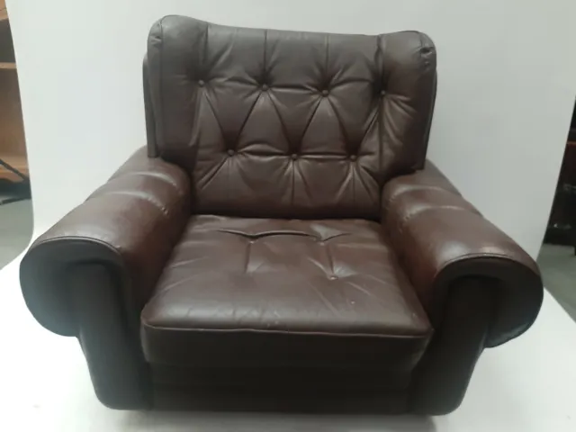 Vintage retro Danish mid century armchair brown leather wing back chair 60s 70s