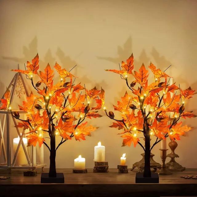 New 2Pcs 24” Led Maple Tree Light W/Acorns Diy Home Decor Thanksgiving Halloween