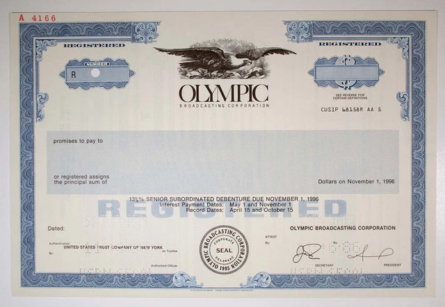 Olympic Broadcasting Corp., 1986 $Odd Specimen 13 3/8% Registered Bond