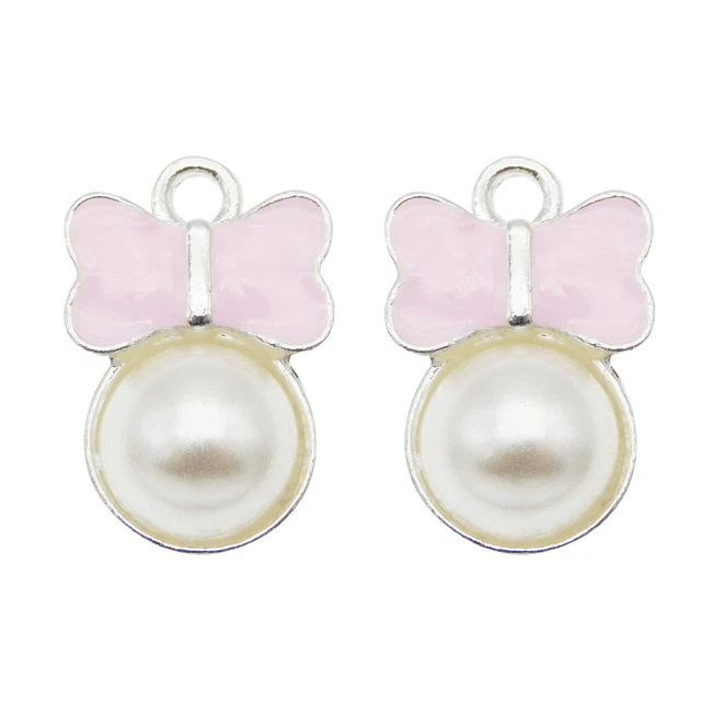 12 Stück Rosa Bogenknoten Emaille Charm mit Plastikperle Silber Anhänger 10x15mm 2