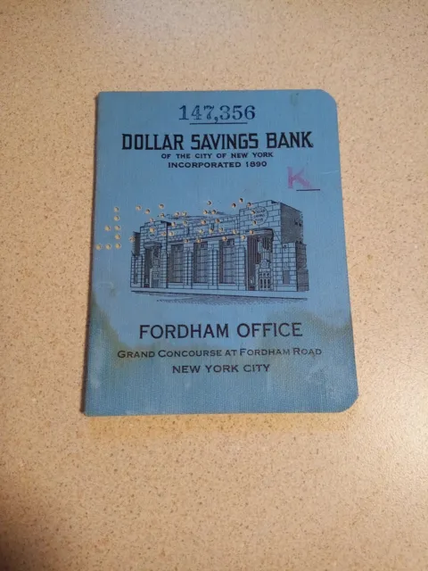 Dollar Savings Bank Fordham Office NYC Bank PASSBOOK Yr. 1939 Some Wear/Stains