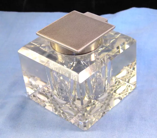 PRISTINE ANTIQUE 1930s 30s ART DECO DESKTOP SILVER GLASS INKWELL INK POT