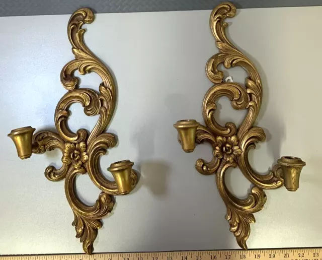 SYROCO Wood Pair of Gold Wall Candle Sconces HOLLYWOOD REGENCY