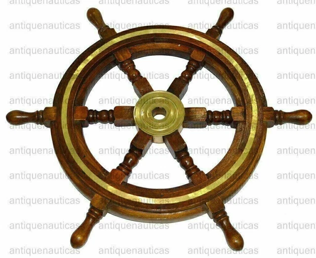 Wooden Ship Wheel 18 Inch Brass Nautical Collectible Wall Hanging Decor Vintage