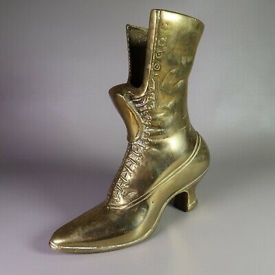 Vintage Cast Bronze Victorian Ladies Boot Shoe Planter Vase Doorstep (2.00 lbs)