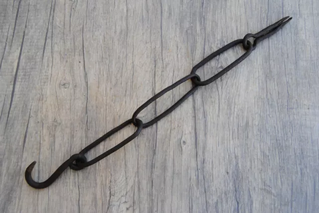 Vintage wrought Iron Hook length chain on pin hanging tool kitchen farm decor