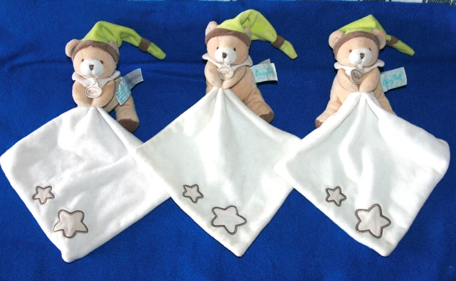 Babynat 3 Doudou Ours Luminescent Beige Mouchoir Blanc Etoile Bonnet Vert