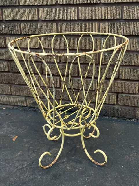 Large Vintage Wrought Iron Garden Planter Urn 18 Tall Pale Yellow Chippy Rusty