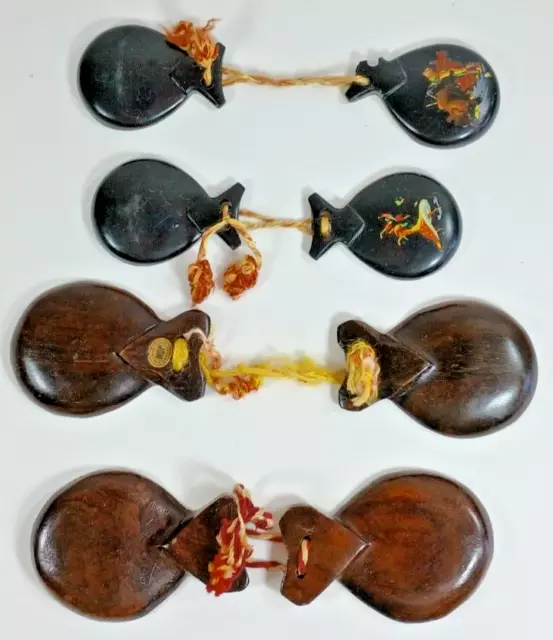 4 Pair Vintage Calidad JOM Wooden Castanets. Two Hand Painted. Made in Mexico.