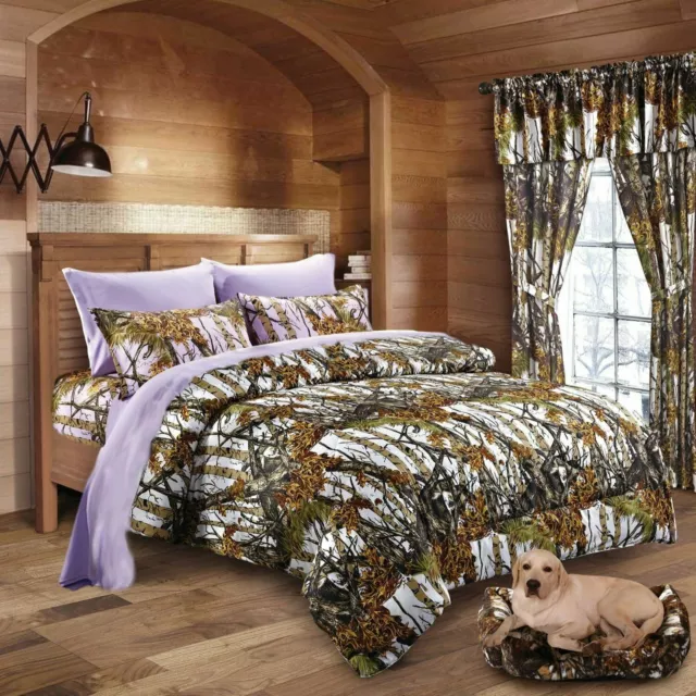 7 Pc King White Woods Camo Comforter And Lavender Sheet Set Camouflage