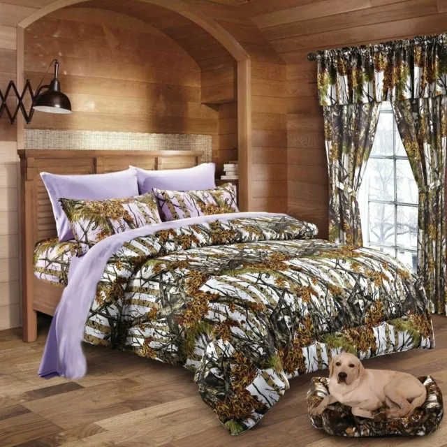 Cal King 7 Pc White Woods Camo Comforter And Lavender Sheet Set Camouflage