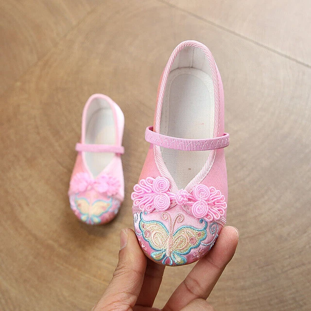 Bambino per Danza da Scarpe Ricamato Farfalla Rana Bottoni Stile Etnico Abiti la