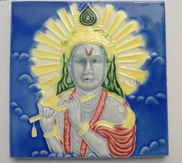 Majolica Tile FLUTE KRISHNA AS RISING SUN 6in x 6in Japan (52035)