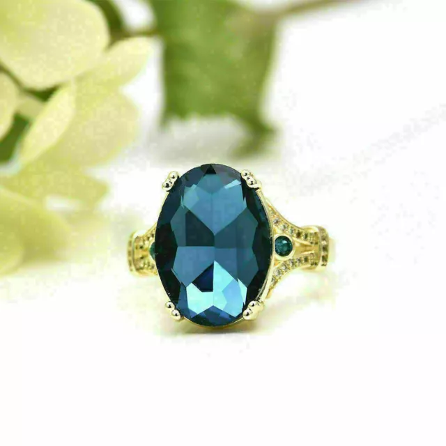 3CT OVAL SIMULATED London Blue Topaz Women's Ring 14k Yellow Gold ...