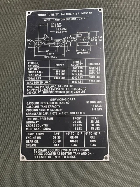 M151A2 G838 Army Jeep Weight and Dimension Plate