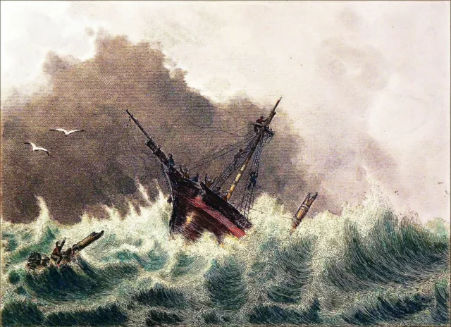 A SHIPWRECK IN THE OPEN SEA - 19th century watercolor engraving