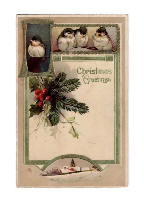 Christmas Greetings Birds Snowy Town Holly Berries Embossed Postcard