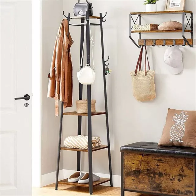 Metal/Bamboo Coat Rack Clothes Rail Garment Stand Hall Tree Shoe Shelves 8 Hooks 2