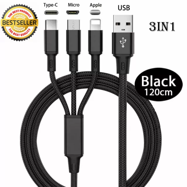 3 in 1 Fast Multi USB Phone Charger Charging Cable Sync Braided iPhone Android