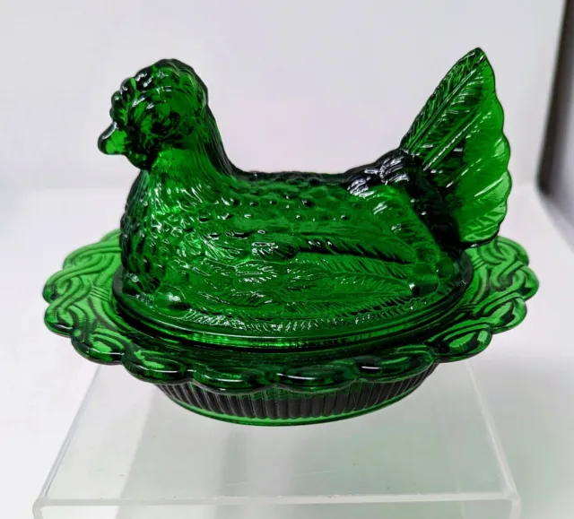 Mosser Green Carnival Glass 6 1/2" Hen on nest