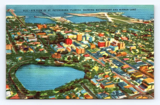 Vintage Old Postcard Airplane View St Petersburg FL Waterfront Mirror Lake 1930s