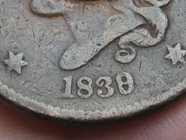 1839/6 Matron Head Large Cent Penny- 1839 Over 1836, Rare Overdate