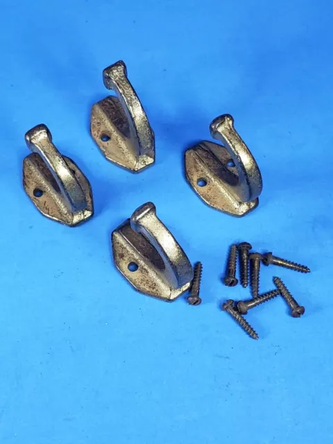 Vintage Wall Hooks Brass Plated Cast Iron 4 Hangers W/ Original Screws