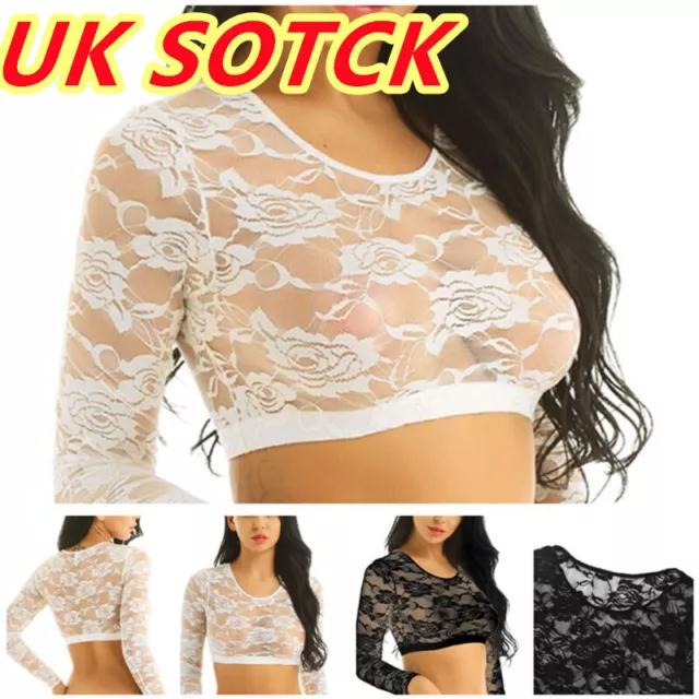 UK Womens Lace Floral Sheer Mesh Crop Tops Blouse Long Sleeve T-shirt Clubwear