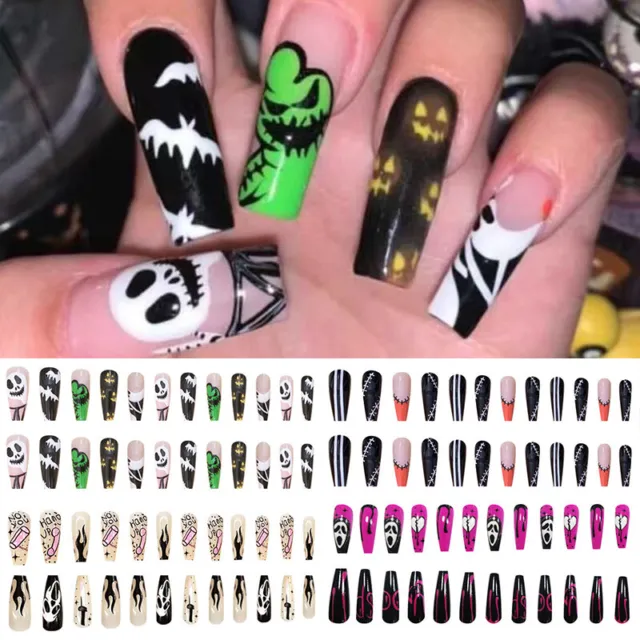 3D French Sarg Press On Full Cover Fake Nails Extra Langer Halloween ~