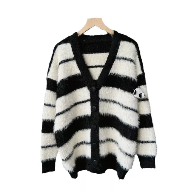 Donna a Righe Maglione Cardigan Giacca Caldo Simil Mohair Pelliccia Peloso Panda