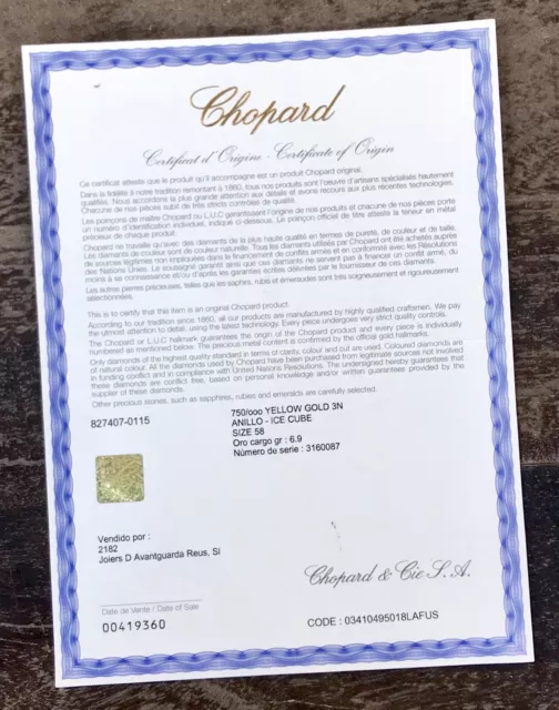 CHOPARD Ring Herkunftszertifikat GLÜCKLICHE DIAMANTEN Gelbgold Eiswürfel 18k 750/