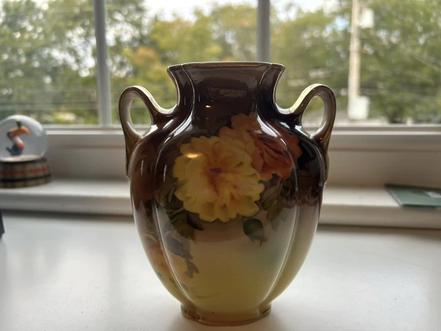 VINTAGE NORITAKE HAND Painted M-in-Wreath Two Handle Floral Vase