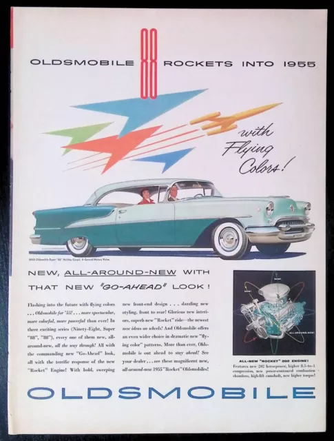 Print Ad 1955 Oldsmobile Super 88 Green Holiday Coupe Rocket Engine