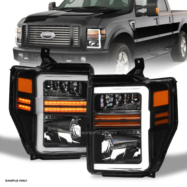 Sequential For 2008-2010 Ford F250/F350 Superduty Blk Headlights w/LED Tube Bar