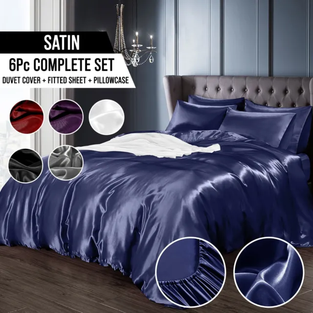 Satin Bedding Set 6pc Complete Sensual Luxury Duvet Cover Fitted Sheet Pillows