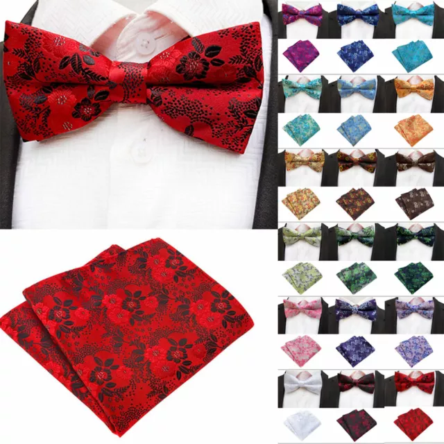 Mens Silk Jacquard Floral Bow Tie Hanky Set Formal Party Wedding Ties Neckties