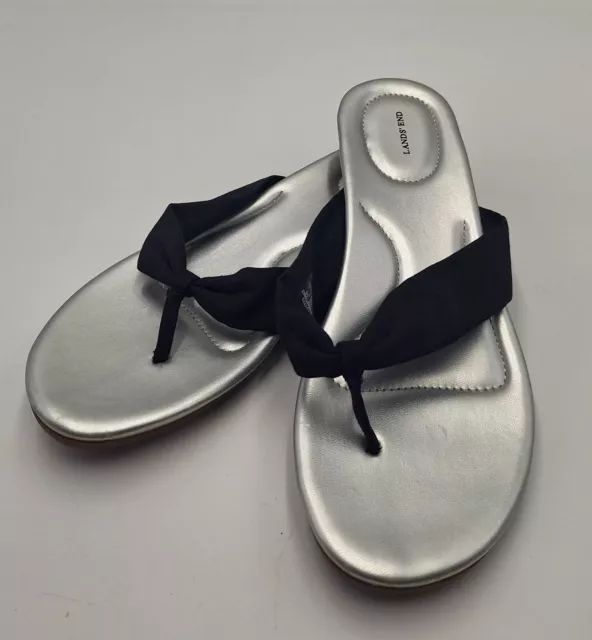 Lands' End Sz 10B Silver/Black Thong Flip Flop  Women Sandals Slides