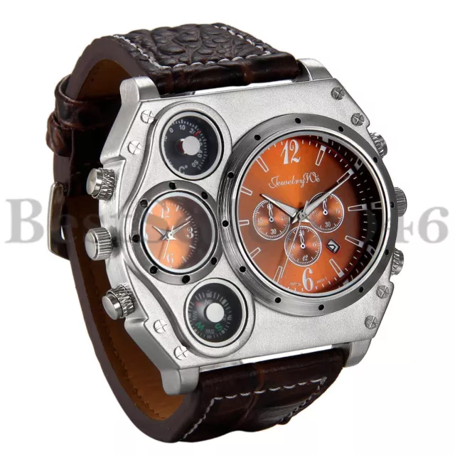 Mens Luxury Quartz Sport Military Dual Time Date Leather Band Large Wrist Watch