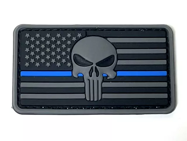 Punisher PVC Patch, Thin Blue Line Tactical Blue Black Gray USA Flag, Hook Loop