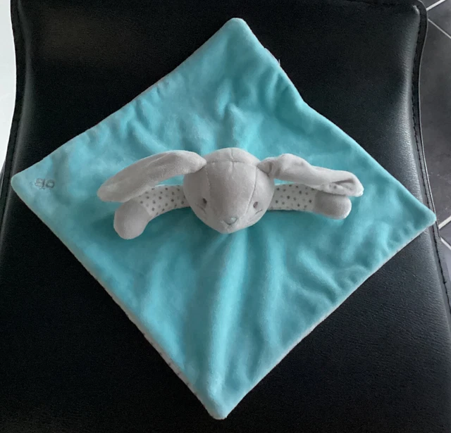 Doudou Plat Lapin Bleu Clair Ciel Blanc Gris Étoile Obaïbi Marionnette