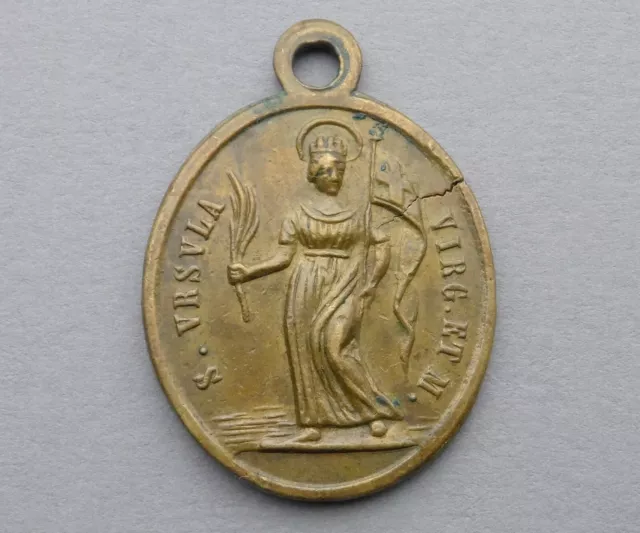 Antique Religious Pendant. Saint Ursula. Bronze Large Medal.