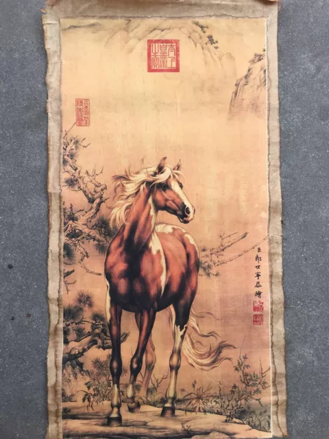 Chinese Rice Paper Yarn Mesh Mural Lang Shining Color Painting War Horse