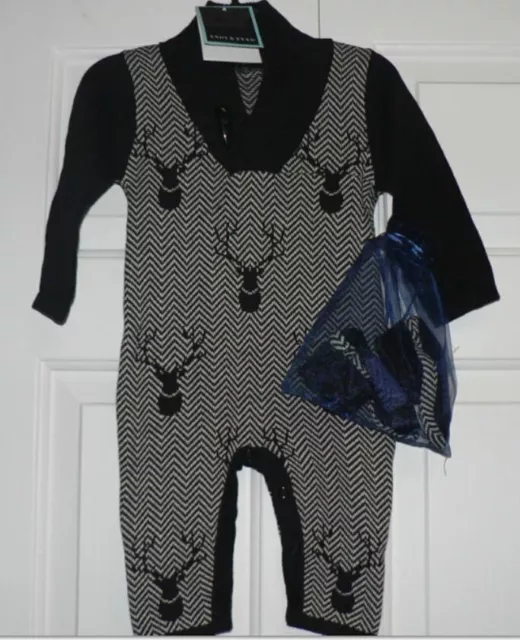 Andy & Evan Baby Boy Shawl Collar Playsuit/Booties Black/White 6-9 mth MSRP $59