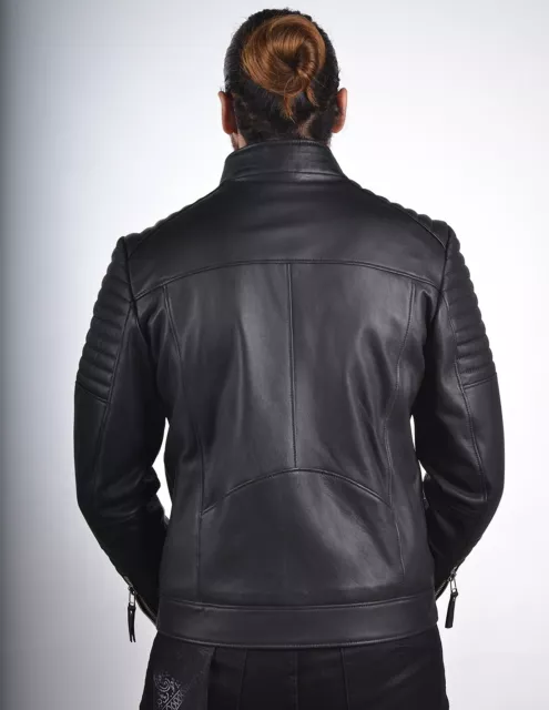 MEN'S GENUINE LAMBSKIN Leather Black Bomber Biker Jacket Stylish ...