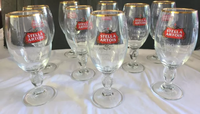 STELLA ARTOIS BELGIUM Gold Rimmed Beer Chalice Glasses Set of 9 - 33 CL ...