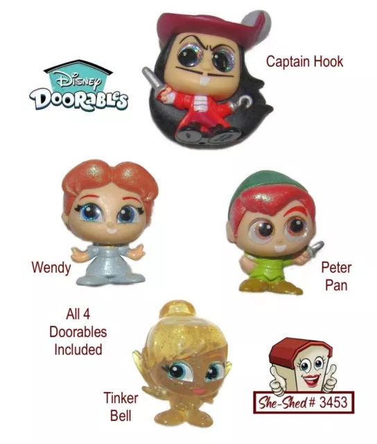 Disney Doorables Lot of 4 Captain Hook, Sparkle Wendy, Peter Pan & Tinkerbell