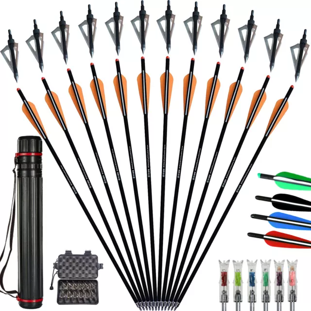 12Pcs 20Inch Crossbow Bolts Carbon Arrows /12Pcs Hunting Broadheads /Quiver Tube